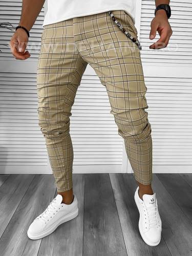 Pantaloni barbati casual regular fit bej in carouri B7892 A-7
