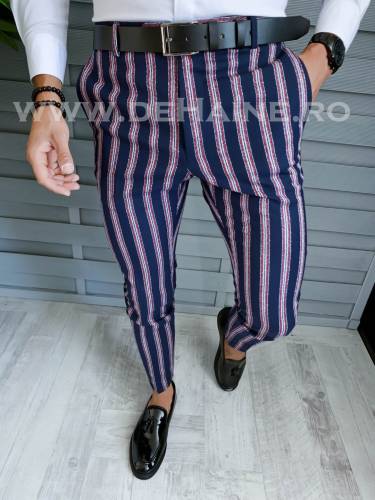 Pantaloni barbati eleganti bleumarin cu dungi B1603 F6-4 E9-5
