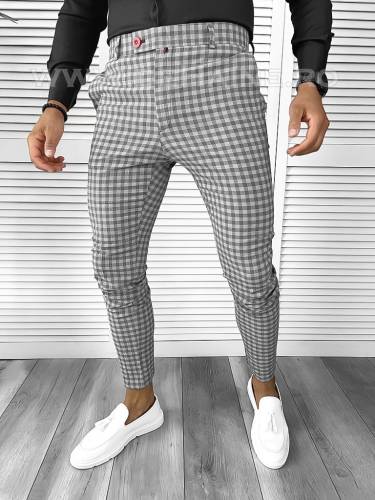 Pantaloni barbati eleganti gri in carouri B1886 18-2 E ~