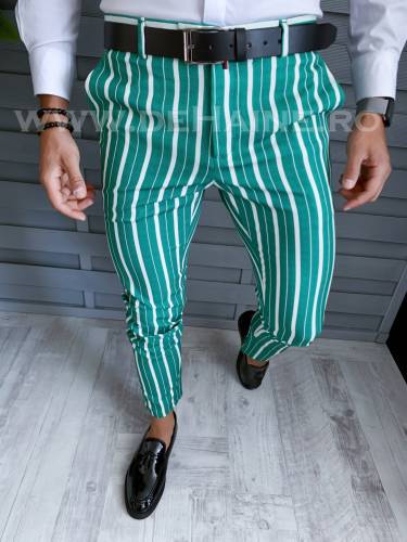 Pantaloni barbati eleganti verzi in dungi B1772 E 14-5